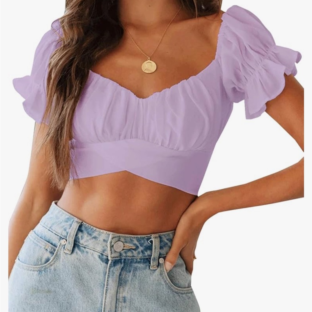 M Amazon Lavender Ruffle Sleeve Crop Top